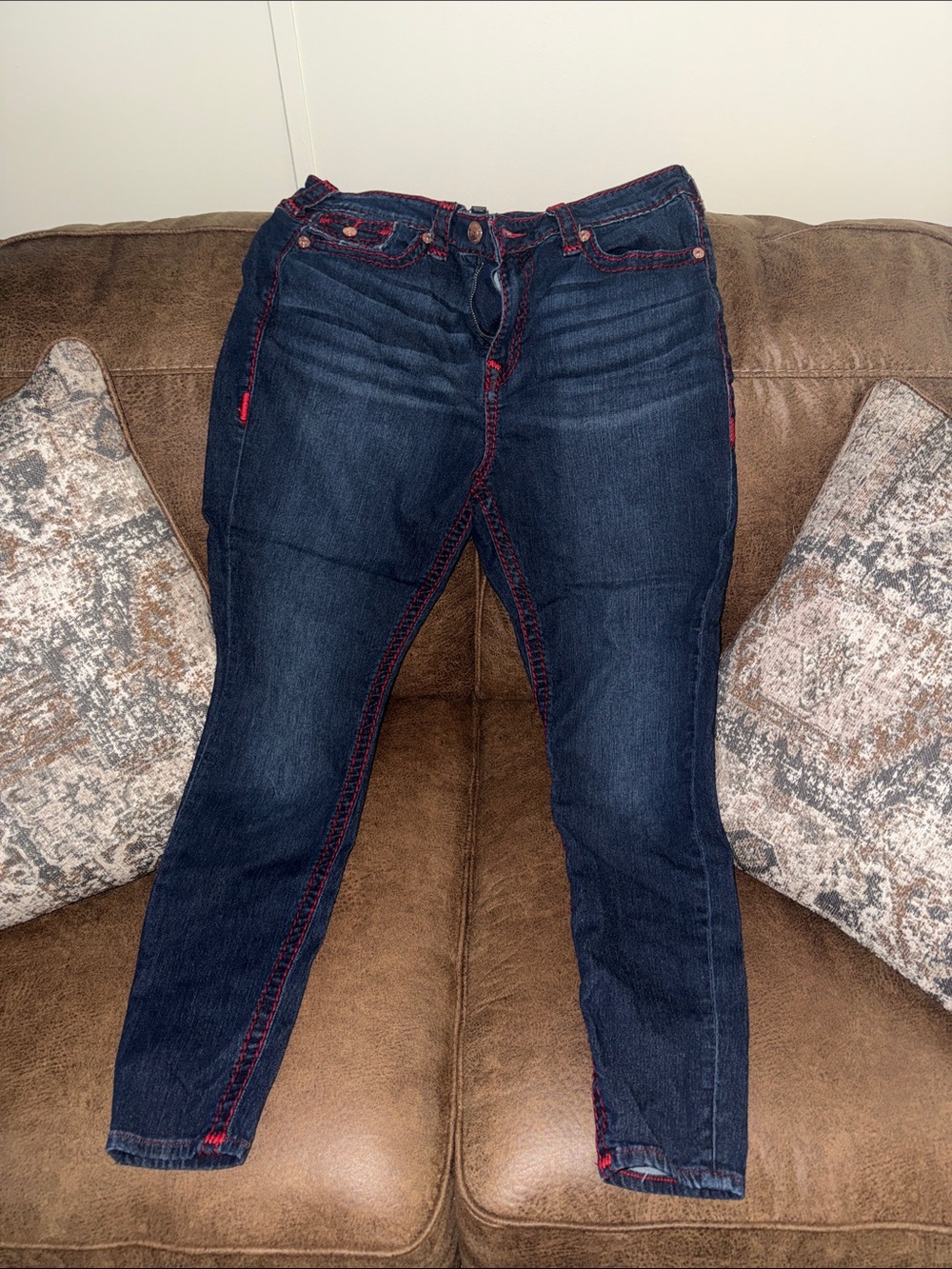 Dark Blue Jeans with Red Stitching